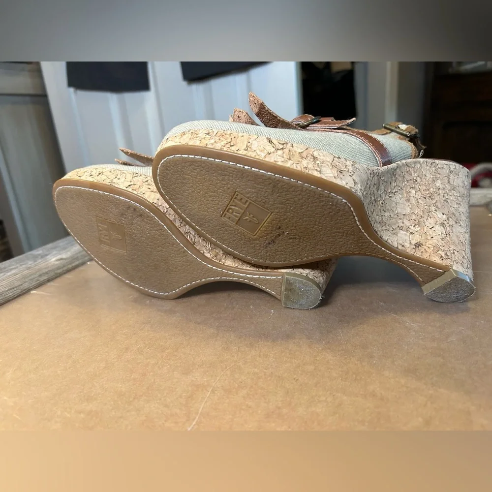 FRYE 'Pepper Kilte' Wedge Platform Sandal Cork Canvas Leather BOHO Mules Clogs 9